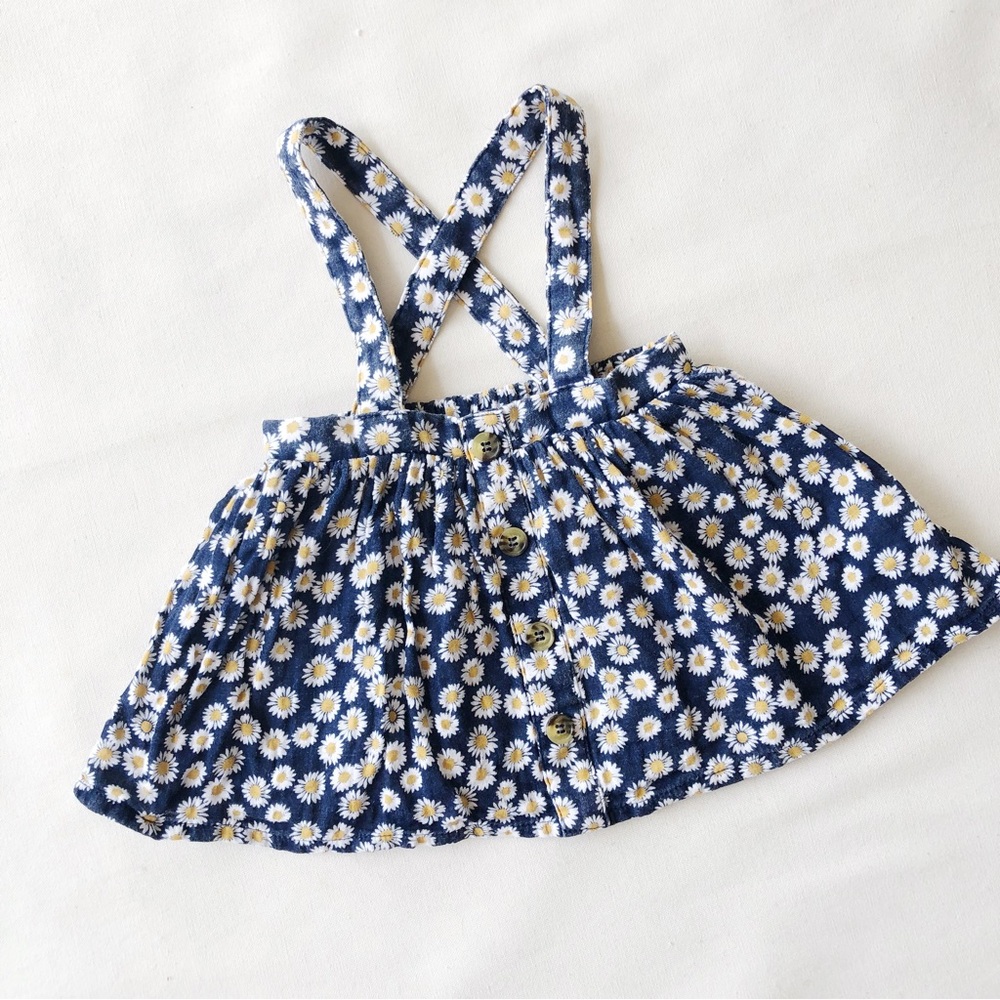 BABY Navy Blue Pinafore Skirt with White Daisy Flower Floral Print Cotton Size 0 - Picture 1 of 6